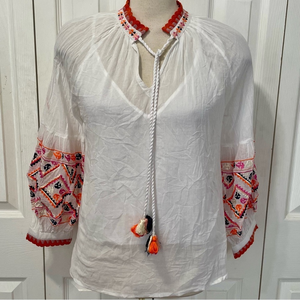New Sundance 100% White Blouse with Red and Pink Embroidery and Balloon Sleeves